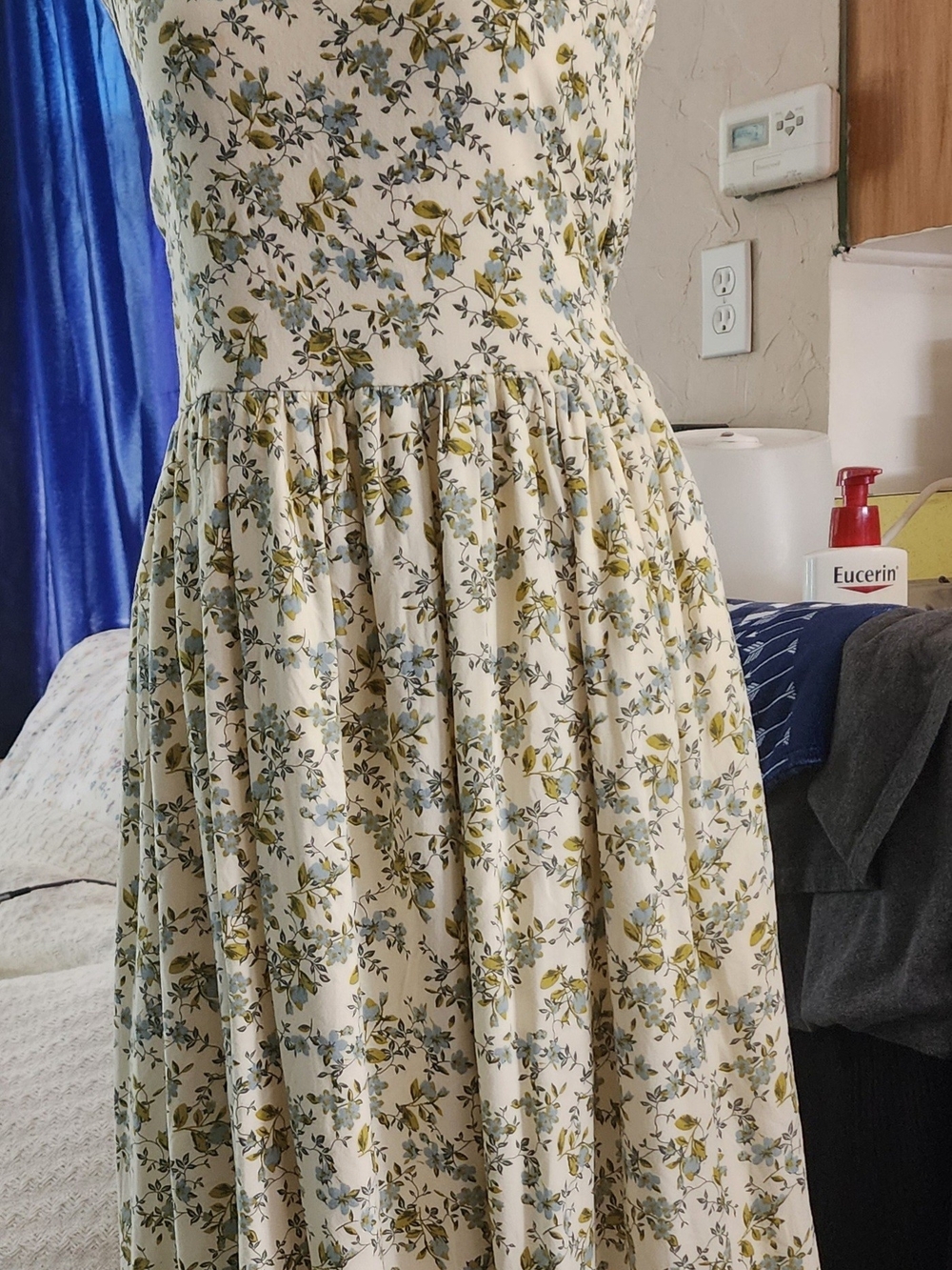 Cream Floral Maxi Dress with Blue & Green Print